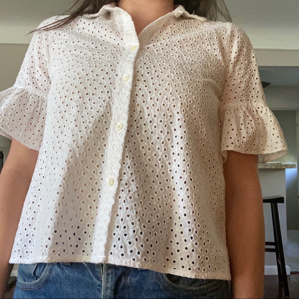 Madewell Eyelet Collared Short w/ Flutter Sleeve